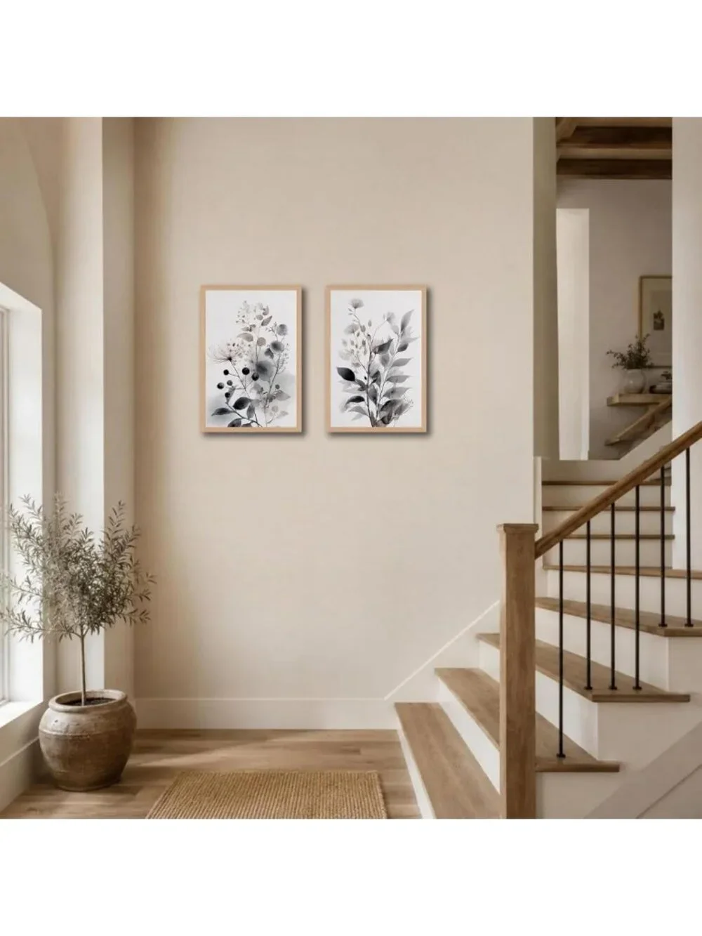 Set of 2 Framed Botanical Wall Art - Neutral Floral Canvas Prints 16x24